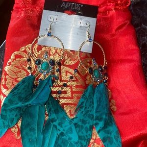 Large blue, teal and gold feather earrings, Kohls